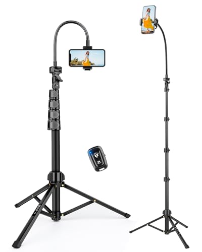 Phone Tripod, 85" Tall Tripod for iPhone with Remote, Gooseneck and Phone Holder, Overhead Phone Stand for Video Recording Watching Cooking Fitness Vlog, Compatible with iPhone Android, Black - size: 85 inch
