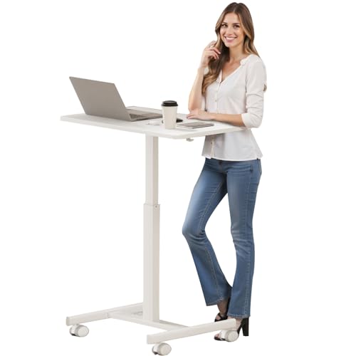 CROWNFURN Mobile Small Standing Rolling Desk Adjustable Height, Portable Laptop Desk on Wheels, Workstation for Home Office with Hook,White - color: White