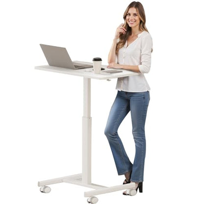 CROWNFURN Mobile Small Standing Rolling Desk Adjustable Height, Portable Laptop Desk on Wheels, Workstation for Home Office with Hook,White - color: White