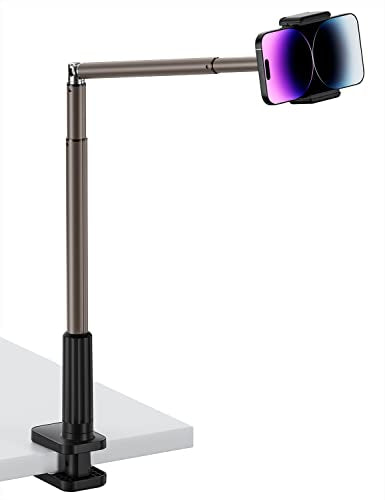 Viozon Phone Holder, Flexible Long Arm,Overhead Mount,360° Angle Adjustable,Aluminum Alloy, C Clamp for Headboard Bedside&Table&Desk,Compatible with 3.5"-6.9" Phone,iPhone 16 15Plus / Pro Max - color: Black