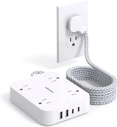 10 Ft Extension Cord, HANYCONY Ultra Thin Flat Power Strip with 4 Outlets 4 USB Ports (2 USB C), Wall Mount, Multi Plug Outlet Extender Desk Charging Station for Office Travel Dorm Room Essentials - color: White, size: 10 Ft