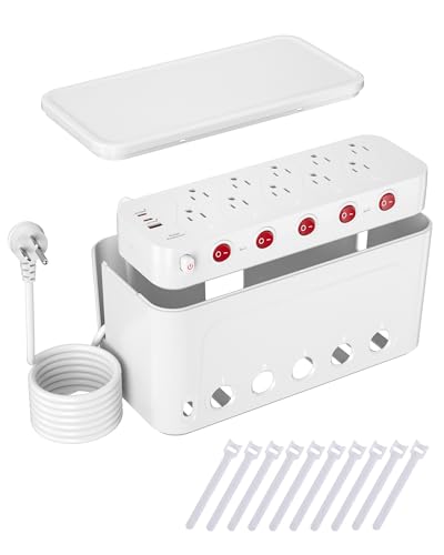 Surge Protector Power Strip with Cable Management Box,Cord Organizer Box with 10 Outlets and 3 USB Ports,Individual Switches,6 ft Flat Plug Extension Cord,Under-Desk and Desk Wire Storage Hider,White - color: White