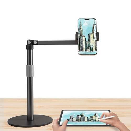 Phone Stand for Recording Overhead Desktop Phone Holder Mount with Flexible Extension Arm, Adjustable Height, for Video, Painting, Meeting, Fliming