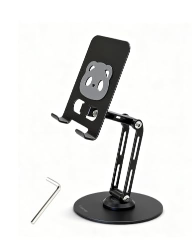 All-Metal Desk Phone Stand, 360° Rotating, 4-8" Phones & Tablets | Carbon steel base, dual-pole adjustment, panda face anti-slip pads, hex key, scratch-proof, heat-dissipating, case-friendly - color: black