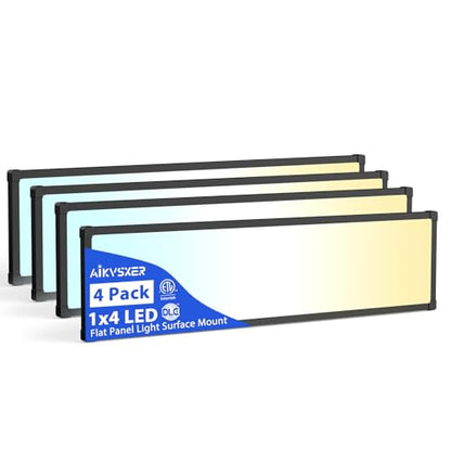 AIKVSXER 4Pack 1x4 LED Flat Panel Light, 6500LM Ultra-Bright, 30-50W Black | 3000K-6500K Adjustable, 0-10V Dimming, AC120-277V, Slim Surface Mount Ceiling Light for Office, Home, Garage - color: Black, size: 1x4ft-4P
