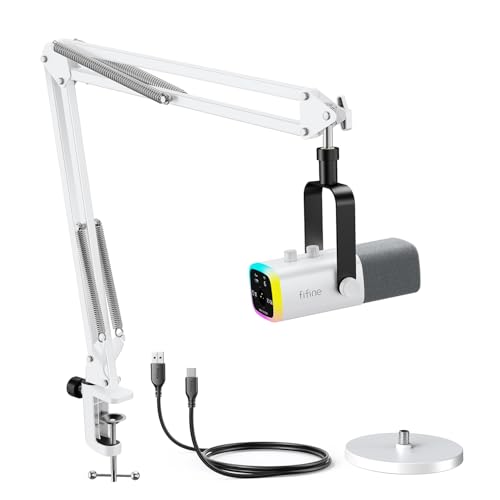 FIFINE XLR/USB Gaming Microphone Bundle with Metal Boom Arm, Dynamic RGB Mic with Mute, Gain, Monitoring for Streaming, Vocal Recording, Podcast Arm Stand for Home Studio Video Creation (AM8W+CS1W)