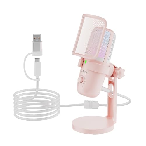 Pink USB Condenser Microphone for Gaming, PC Mic with 2 Pickup Patterns, RGB Light, Tap-to-Mute, 96KHz/24Bit for Streaming Podcast YouTube Recording, Plug & Play for PS4 PS5 Computer Accessories