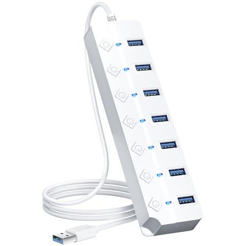 USB Hub 7 Port, USB Splitter with Individual On/Off Switches and Lights | USB 3.0 Hub with 3.3ft Cable, Extender for A Port Laptop, PC, Desktop-White - color: White