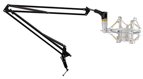 Rockville Dms40 Bundle: 40 In Microphone Boom Arm Studio Podcast USB Mic Stand With Desk Clamp, Rockshock Silver Studio Condenser Mic Metal Shock Mount With Foam, 2-Items