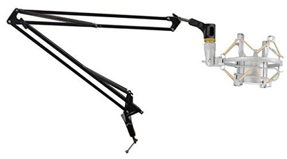 Rockville Dms40 Bundle: 40 In Microphone Boom Arm Studio Podcast USB Mic Stand With Desk Clamp, Rockshock Silver Studio Condenser Mic Metal Shock Mount With Foam, 2-Items