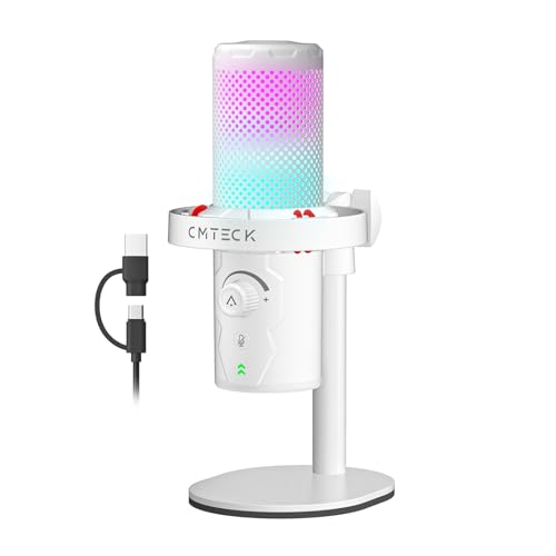 CMTECK USB Microphone for PC Gaming, Condenser Gaming Microphone with Quick Mute, RGB Indicator, Plug and Play, Desk Podcast Mic for Studio Recording, YouTube, Streaming, Compatible with PS4/5/PC - color: White