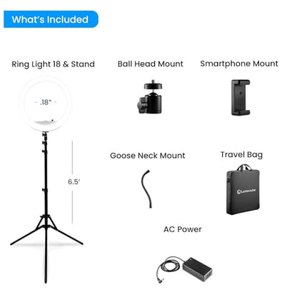 Lume Cube LED Ring Light for Videos, Selfies, Live Streaming |18” Circle Light with Stand, Phone Holder, and Camera Mount | Portable + 6.5 ft Tripod Stand and Travel Case | Battery Not Included