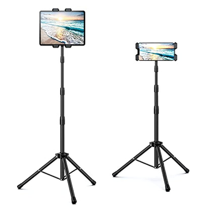 Raking Tablet Floor Stand, Height Adjustable Cellphone Floor Stand with 360°Rotating Tripod Mount, Compatible with iPhone iPad mini/Air/Pro and All 5.5-12.9 Inch Devices