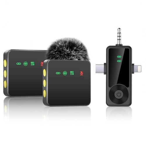 3-in-1 Wireless Microphone for iPhone/Android/Camera with Noise Cancellation, 2-Pack 20-Hour Battery Life Mini Lavalier Mics for Podcast, Video, Recording, Vlogging, and Streaming - color: Black
