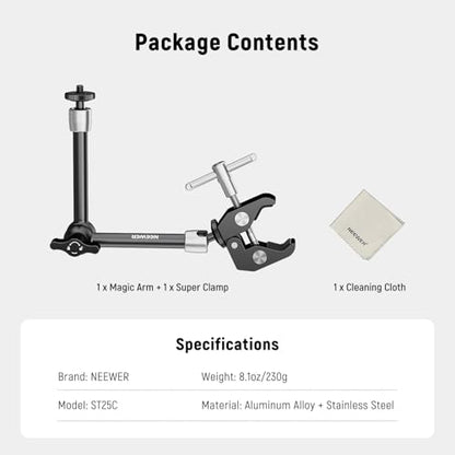 NEEWER 9.8"/25cm Magic Arm with Super Clamp & Cleaning Cloth, 1/4" & 3/8" Threads for Flash/LED Light/Microphone/DSLR Camera Monitor Compatible with SmallRig Camera Cage, Max Load: 4.4lb/2kg, ST25C - style: 9.8"/25cm w/Cleaning Cloth