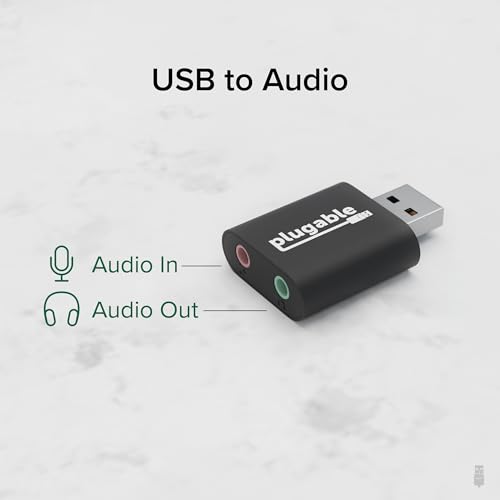 Plugable USB Audio Adapter Adds 3.5mm Speaker and Microphone Ports Because Your Laptop or PC Lacks an Audio Jack; Compact External Sound Card Replacement, Plug-and-Play for Windows, Mac, Linux