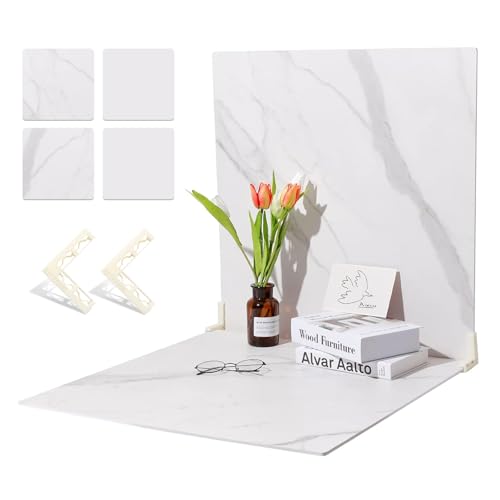 BEIYANG 2 Marble 24x24 Inch Photography Backdrop Boards with 2 PCS Bracket for Flat Lay or Food Photography Background Marble and White Backdrop Photo Table Backdrop - color: Marble