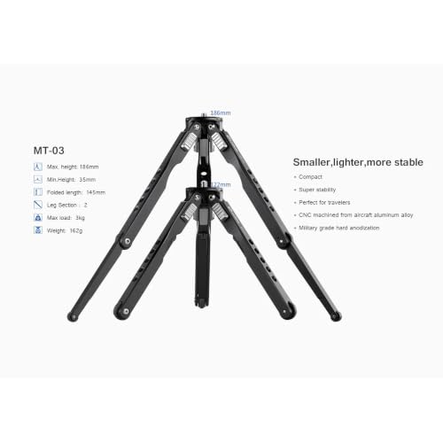 Leofoto MT-03 Tabletop Tripod, Aluminum Mini Tripod, 2 Leg Sections, Foldable Leg, Portable and Compact, 1/4" Mounting Stud and Accessories Thread (MT-03) - style: MT-03