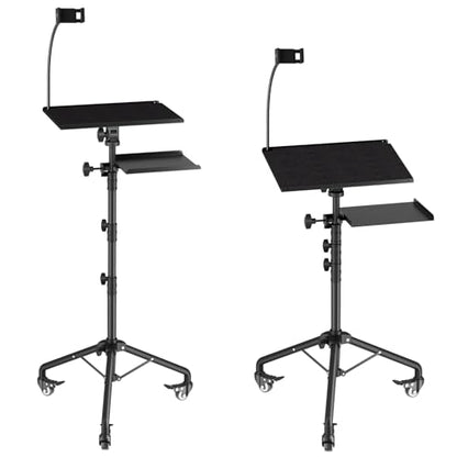 Projector Stand Tripod Laptop Tripod on Wheels with 2 Shelves, Adjustable Height 26 to 49 Inch Portable Podium Stand with Gooseneck Phone Holder for Office, School, Home, DJ Racks