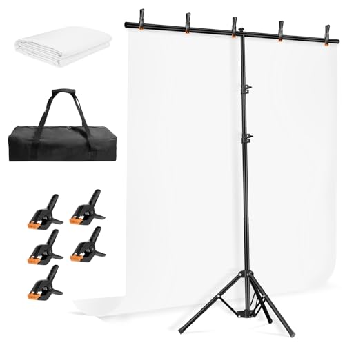 EMART 5 * 6.5ft White Photo Backdrop with Stand Kit for Photography Video Studio，White Screen Photoshoot Background Curtain with T-Shaped Portable Backdrop Stand Carrying Bag 5 Clamps - size: 5X6.5FT
