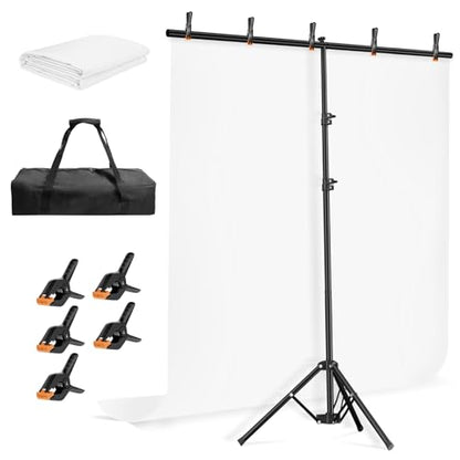 EMART 5 * 6.5ft White Photo Backdrop with Stand Kit for Photography Video Studio，White Screen Photoshoot Background Curtain with T-Shaped Portable Backdrop Stand Carrying Bag 5 Clamps - size: 5X6.5FT