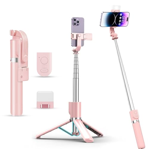 Selfie Stick with Rechargable Remote & Light (1PC), Tripod for iPhone, Cell Phone Stand for Video Recording, Portable Travel Essentials Smartphone Mount Holder, Extendable Vlogging Filming Accessories - color: Coral Pink