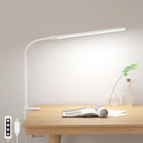 Lepro Small Desk Lamp with Clamp, LED Reading Lamps with 450LM, 3 Color Modes 10 Brightness, Dimmable USB Clip on Desk Light with Gooseneck Swing Arm for Nail, Home Office and Dorm (White) - color: White