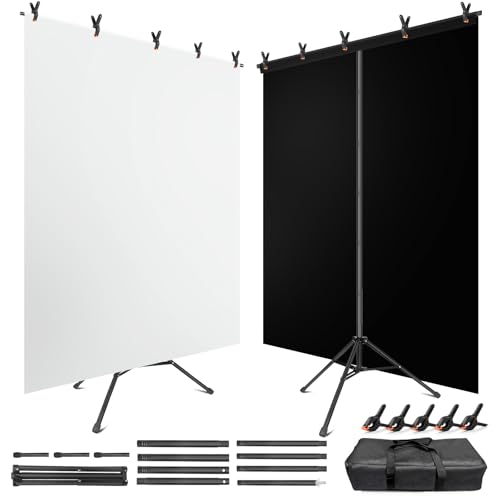 Black White Backdrop Screen with Stand Kit for Photo Video Studio Filming 5X6.5ft, Black Backdrop White Photo Curtain Background with T Shape Stand and 5 Spring Clamp for Photography Party Decorations - color: White & Black, size: 5 x 6.5 Ft