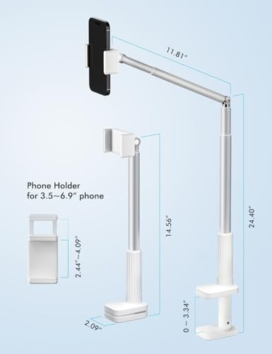 Viozon Phone Holder, Flexible Long Arm,Overhead Mount,360° Angle Adjustable,Aluminum Alloy, C Clamp for Headboard Bedside&Table&Desk,Compatible with 3.5"-6.9" Phone,iPhone 16 15 Plus/Pro Max W - color: White