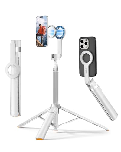 72'' Magnetic Selfie Stick Tripod for iPhone MagSafe – One-Click Open Stable Stand, Strong Magnetic Mount, 360° Rotation, Extendable Aluminum Tripod with Bluetooth Remote for Travel & Video Recording - color: White