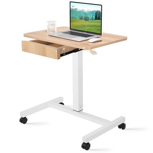 CLATINA Mobile Laptop Standing Desk, Height Adjustable Teacher Podium with Lockable Wheels, Adjustable Work Table with Drawer, Computer Cart Overbed Table for Home Office Classroom, Beige - color: Beige, size: With Drawers
