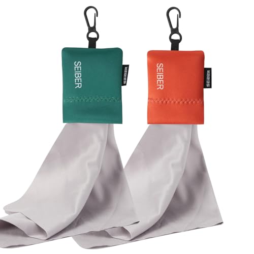 SEIBER Microfiber Eyeglass Cleaning Cloth, Orange & Green, 2 Pcs | 7 x 7 inch, With Neoprene Pouch, For Sunglasses, Laptops, Cameras, Screen, Self-Closing Bottom - color: Dark Green and Orange