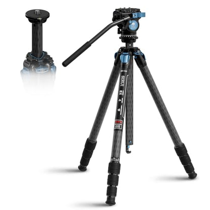 SIRUI AM-124 Carbon Fiber Tripod with AM-5VX Fluid Head, 65.6“ Compact Video Camera Tripod for Travel, Triangular Center Column, Side Loading QR Plate, Waterproof Twist Lock, Loads 6.6lbs - size: 65.6 inches