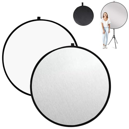 2 in 1 Photo Collapsible Photography Reflector 24'' Portable Camera Panel for Studio Outdoor Lighting Indoor Shooting, Video Portraint Photography Diffuser, White and Silver Reflector for Selfies