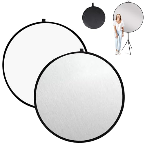 2 in 1 Photo Collapsible Photography Reflector 24'' Portable Camera Panel for Studio Outdoor Lighting Indoor Shooting, Video Portraint Photography Diffuser, White and Silver Reflector for Selfies