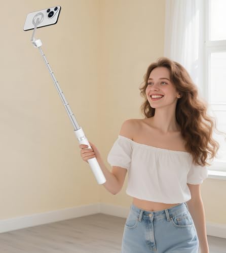 TONEOF 68" Magnetic Selfie Stick Tripod with Aluminum Strong Magnetic Holder for Magsafe, 360° Rotatable Travel Phone Tripod Stand with Metal Ring & Rechargeable Remote for iPhone/Android（White） - color: White