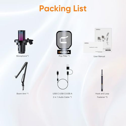 COMICA EJoy Uni USB Condenser Gaming for PC, PS4, PS5, USB C Phone, and Mac, Boom Arm RGB Computer Mic for Twitch, Streaming/Podcasting/YouTube, Noise Cancellation Mic with Mute, Gain, Monitoring