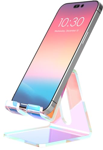 Crpich Acrylic Cell Phone Stand, Portable Phone Holder, Phone Stand for Desk, Compatible with Phone16 15 14 13 12 Pro Max Mini 11, Switch, Android Smartphone, Pad, Tablet, Iridescent Color - color: 6-Iridescent, size: 1 Pack