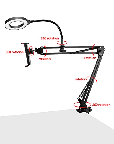 QWORK Overhead Camera Mount, Phone Mount with Ring Light, Flexible Articulating Phone Arm Stand, Phone Holder Stand, Phones Mount Clamp on Desk, for Live Stream, Video Recording and Online Teaching