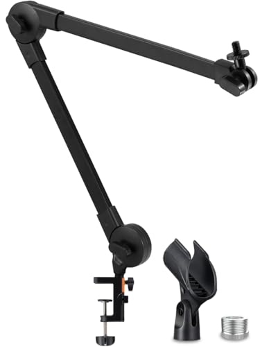 Microphone Boom Arm Mic Stand, Adjustable Suspension Boom Scissor Arm Stand with Mic Clip Holder and Heavy Duty Clamp for Streaming Podcast Recording Studio