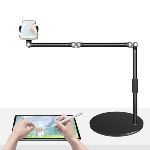 Heavy Duty Overhead Phone Mount for Desk, 17 in Long Arm iPhone Holder, 360° Swivel Stand for Video Recording, Filming, Live Streaming, Cooking, Painting, Crafting - color: Black