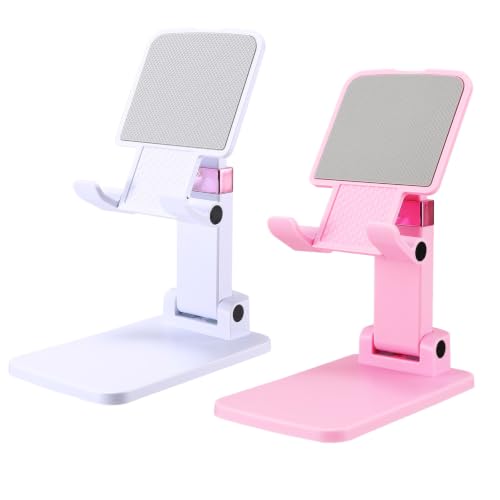 Cell Phone Stand Cute Mobile Holder For iPhone Desk Office Accessories | for thick cases; Under 12" Tablets, e-readers; Folds flat; Anti-slip; Weighted base - color: 12-White&Pink