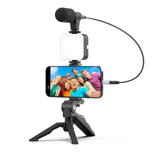 Vlogging Kit for iPhone, Android Vlogging Kit with Tripod, Mini LED Video Light, Cardioid Microphone, Phone Clip, for Video Calling, Vlogging, YouTube, Instagram, TikTok(Includes Lightning Adapter)