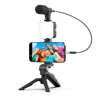 Vlogging Kit for iPhone, Android Vlogging Kit with Tripod, Mini LED Video Light, Cardioid Microphone, Phone Clip, for Video Calling, Vlogging, YouTube, Instagram, TikTok(Includes Lightning Adapter)