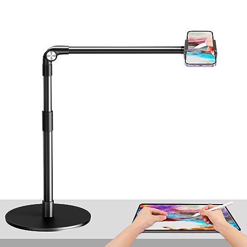 elitehood Heavy Duty Aluminum Overhead Phone Stand, 15 in Long Arm iPhone Holder for Video Recording, 360 Degrees Swivel Tilt Overhead Phone Mount for Filming, Meeting, Cooking, Painting and Crafting - style: Desk Stand