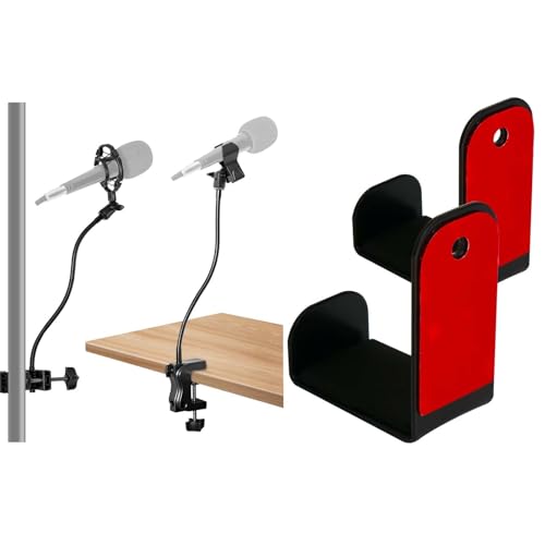 Professional Desktop Audio Workflow Bundle: Flexible Gooseneck Mic Stand with Desk Clamp & 2-Pack Adhesive Headphone Holders – Complete Setup for Streaming, Recording, Gaming