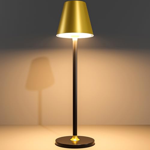Timjorman 1-Pack Cordless Table Lamps - 5000mAh Rechargeable Battery Operated Desk Lamp, 3-Level Dimmable LED Night Light for Bedroom, Dining, Restaurant - Metal Design(Gold&Black-1Pack) - color: Gold&Black