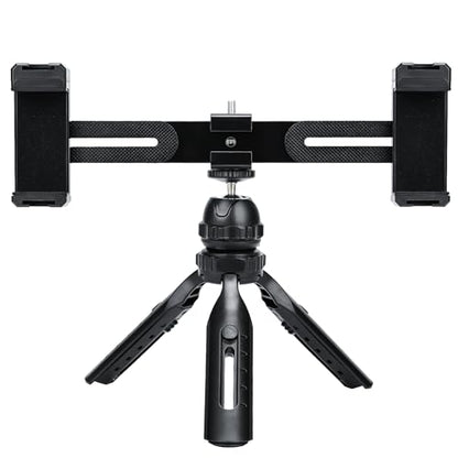 Multifunctional Smartphone Video Kit, with Universal Phone Desktop Tripod with Dual Phone Holders and 4 Cold Shoe mounts for vlogging, Live Streaming, Online Video Teaching, and conferences