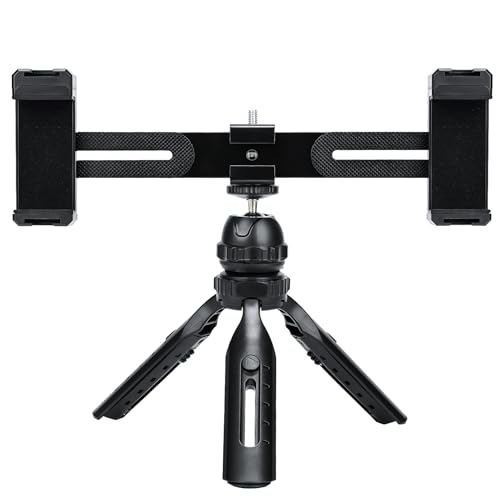 Multifunctional Smartphone Video Kit, with Universal Phone Desktop Tripod with Dual Phone Holders and 4 Cold Shoe mounts for vlogging, Live Streaming, Online Video Teaching, and conferences