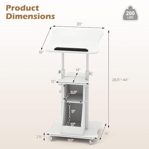 Tangkula Mobile Lectern Podium, Height Adjustable Podium Stand, Standing Sit-to-Stand Desk, Rolling Cart Laptop Desk with Swivel Top Movable Wheels & Storage - color: White, size: 20" x 16" x 44"